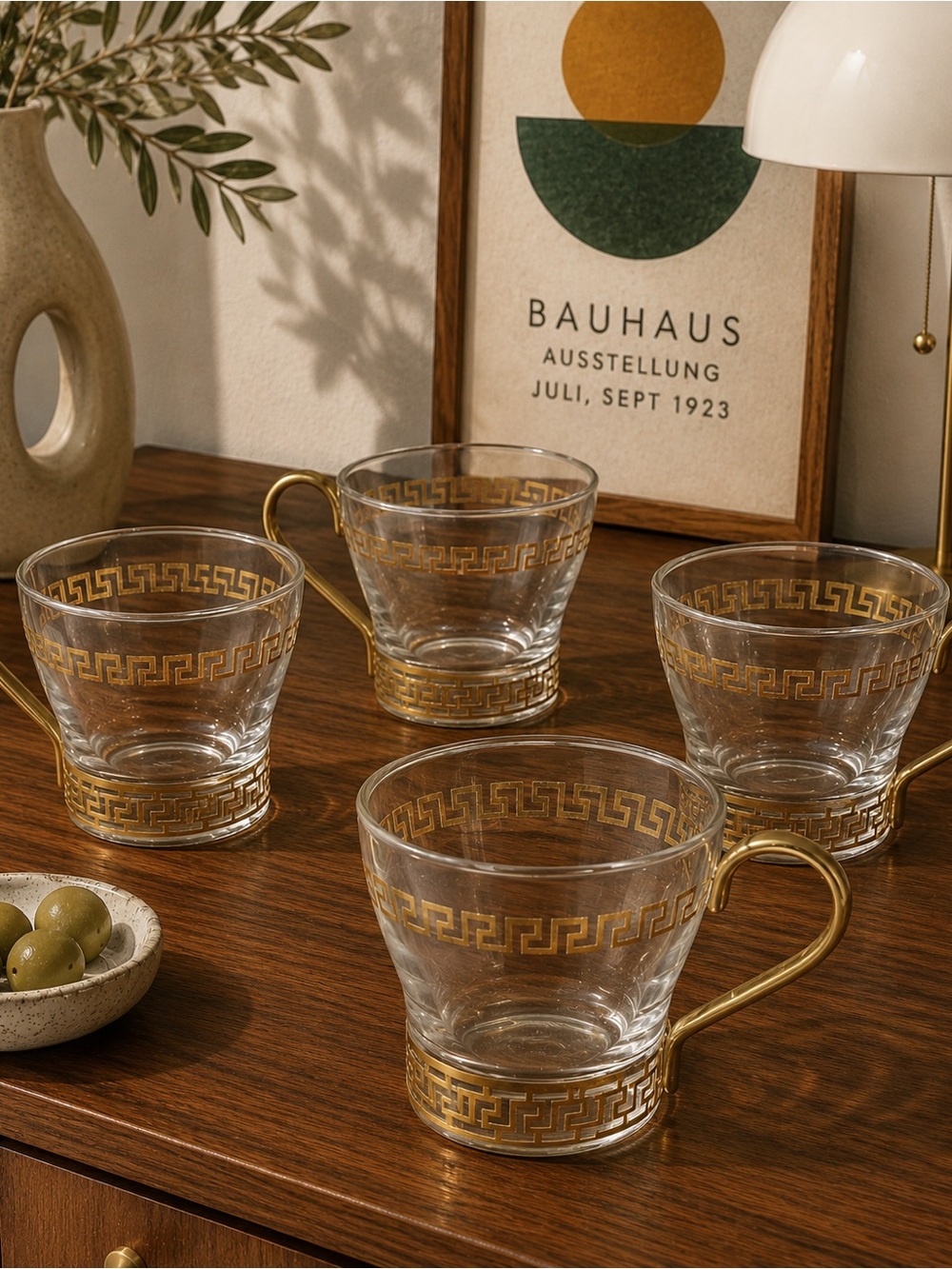 Vintage Libbey Greek Key Continental Glass Cups with Gold Handles – Set of 4
